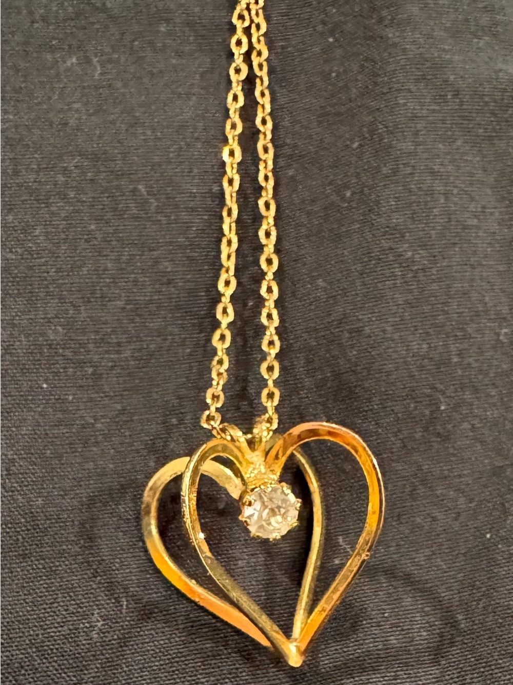 Vintage Gold Tone Heart Pendant Necklace with Faux Diamond Accent Love Necklace